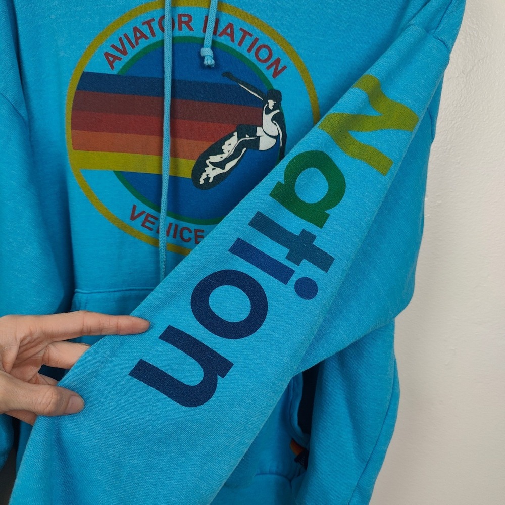 Aviator Nation Hoodie Size Small Blue Surf Graphic Sleeve Logo Retro Surfcore - Picture 6 of 10